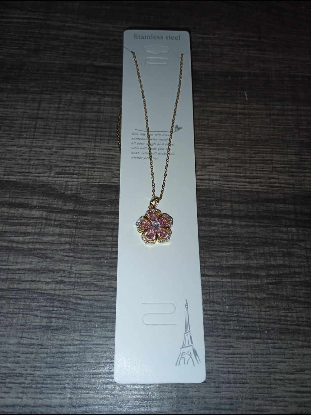 Gold-tone Pink Flower Pendant Necklace - Stainless Steel